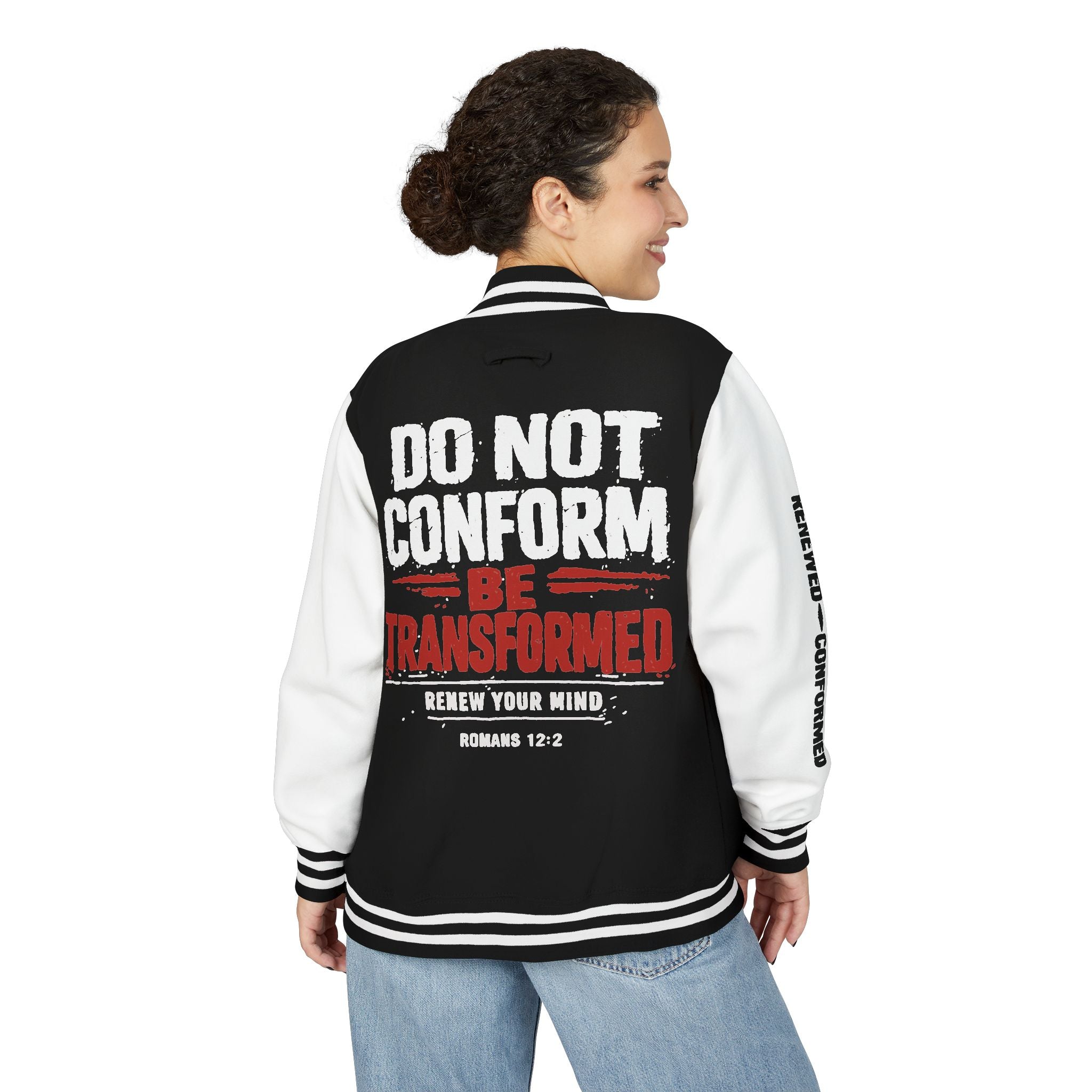 Letterman Jacket — Roman 12:2 “Don’t Conform Be Transformed” Christian Quote