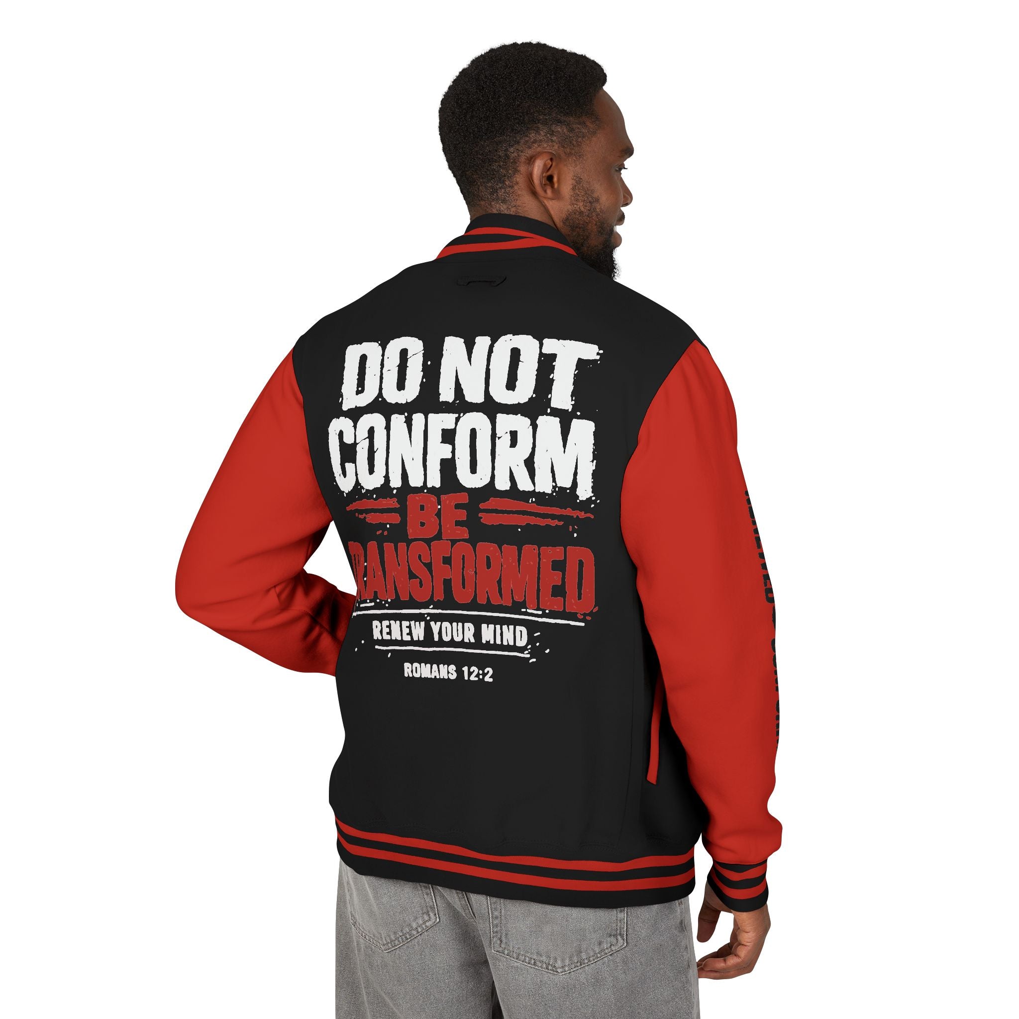 Letterman Jacket — Roman 12:2 “Don’t Conform Be Transformed” Christian Quote